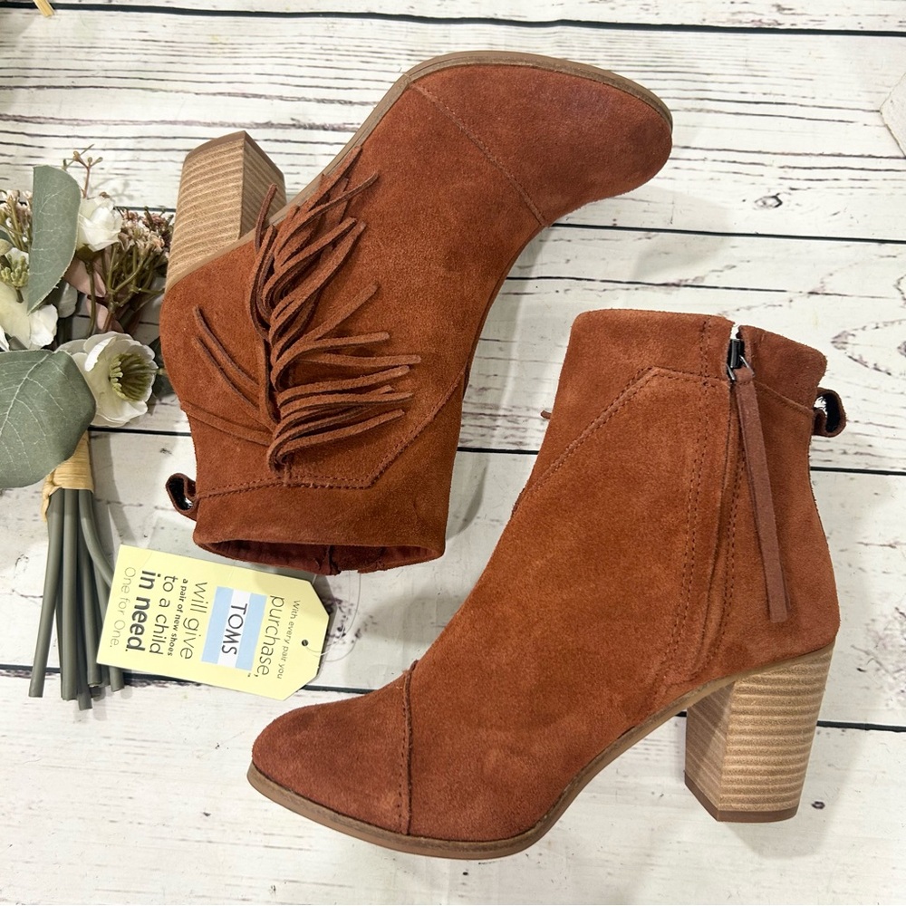 toms lunata western boho cognac fringe ankle suede booties nwt - Picture 5 of 9